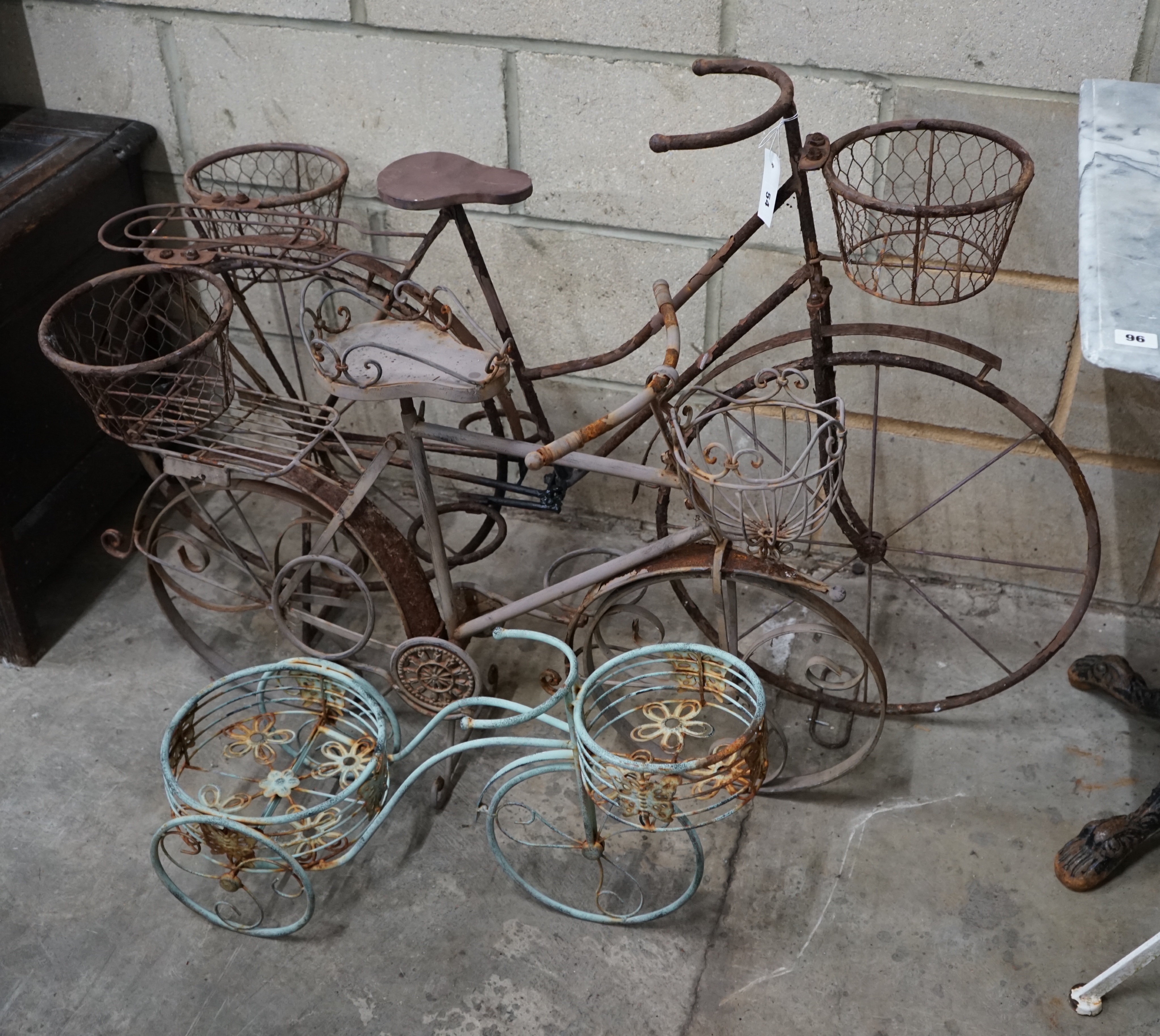 Three wirework bicycle garden planters, longest 120cm